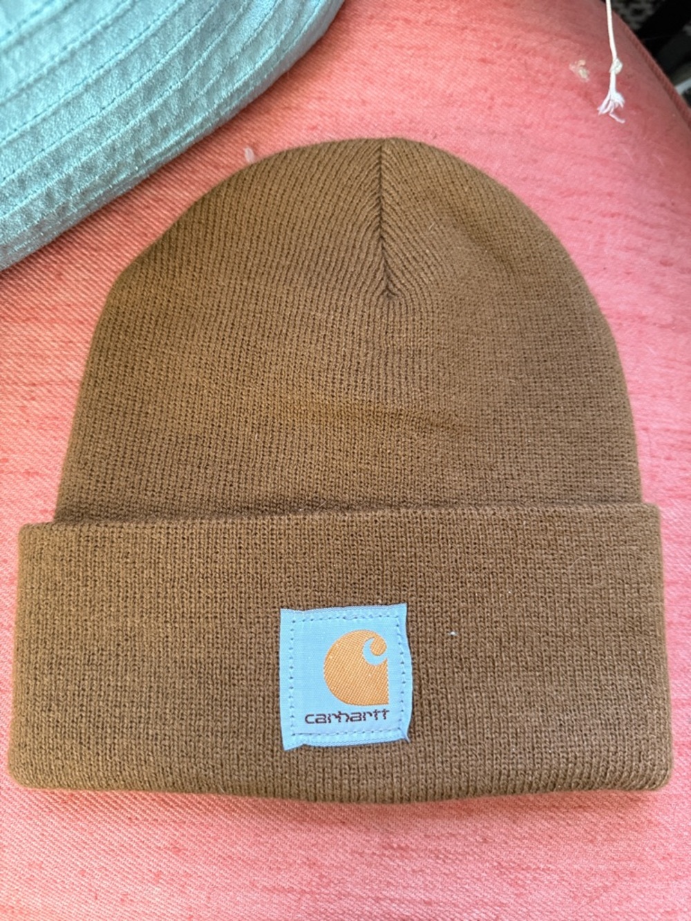 Carhartt Brown Cuffed Beanie with Light Blue Patch